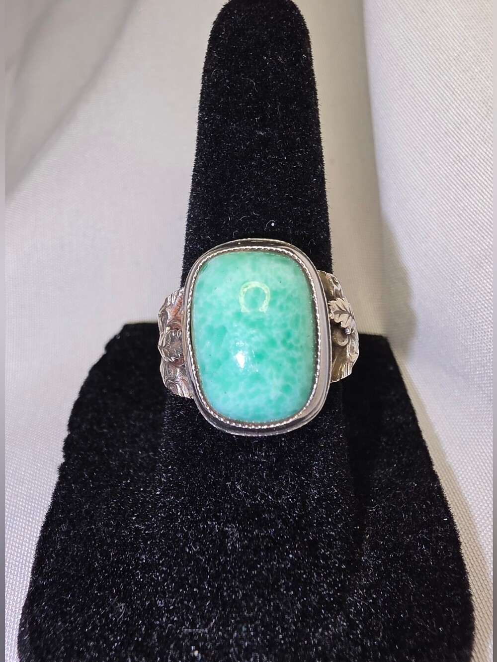 Amazonite Ring Sterling Silver, Leaf-detailed Sides, SZ 5.75